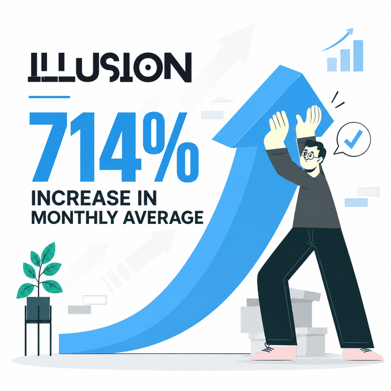 Illusion case study illustration showing a 714% increase in monthly average sales