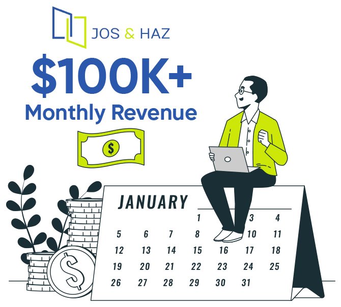 Jos & Haz case study illustration showing $100K+ monthly revenue